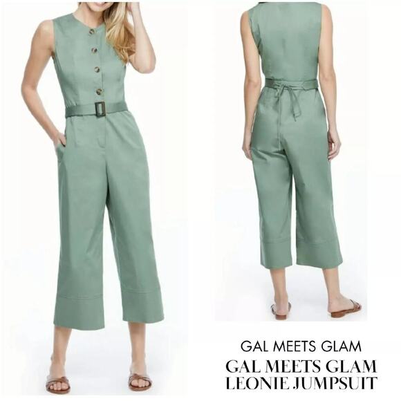 Girl Meets Glam Leonie Green Cropped Wide Leg Button Up Jumpsuit Size 6 - Picture 1 of 7